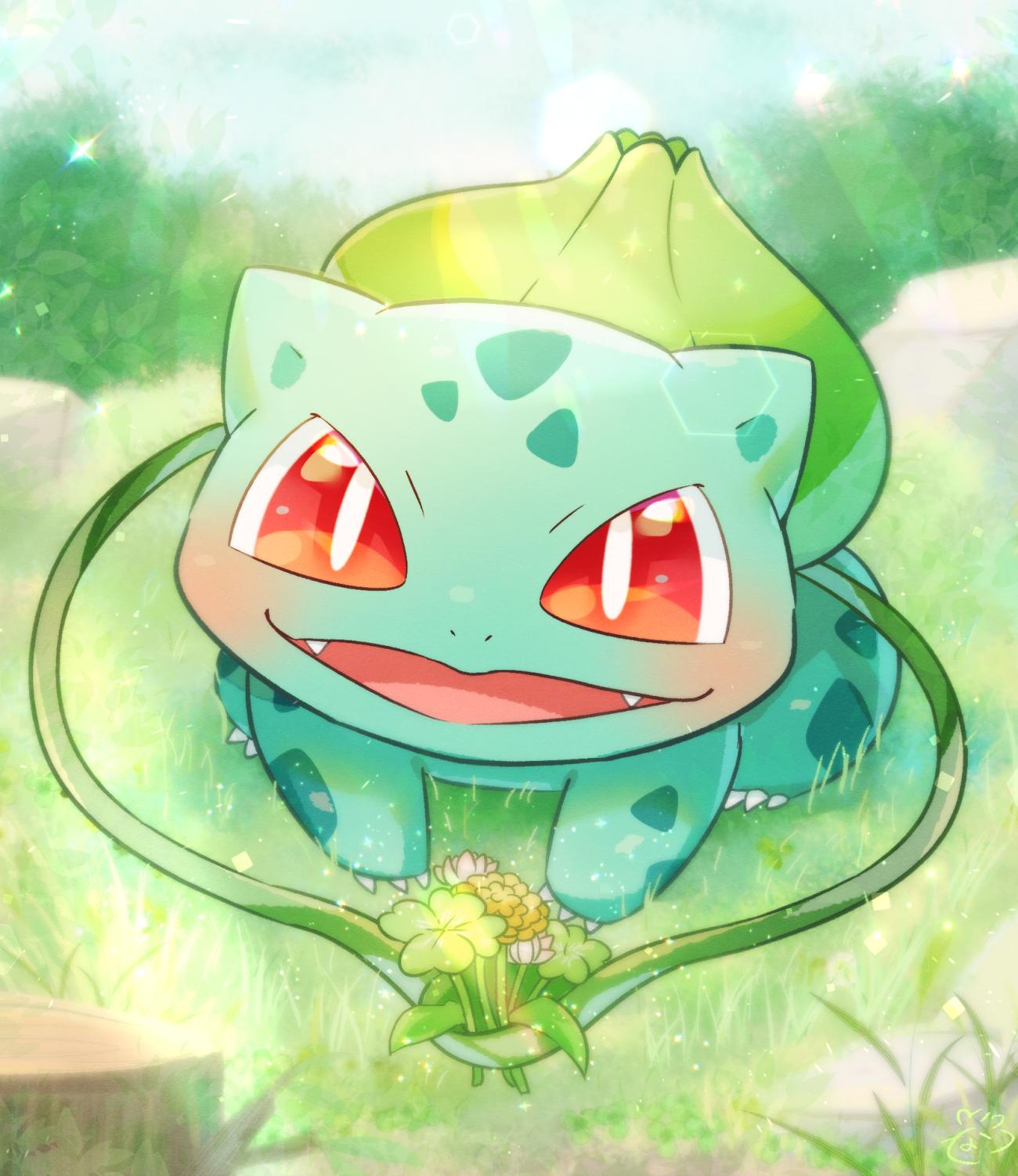 :d blush bouquet bright_pupils bulbasaur claws clover commentary_request day ears fangs flower full_body giving grass highres ibaraki_natou leaf light no_humans nostrils open_mouth outdoors plant pokemon pokemon_(creature) red_eyes smile solo sparkle sunlight tongue twig vines white_pupils yellow_flower