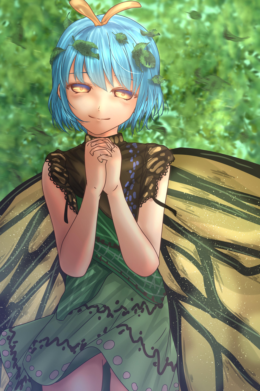 1girl antennae aqua_hair blush butterfly_wings closed_mouth cowboy_shot dress eternity_larva fairy green_dress hair_between_eyes highres leaf leaf_on_head looking_at_viewer multicolored_clothes multicolored_dress short_hair shounen_(hogehoge) single_strap smile solo touhou wings yellow_eyes