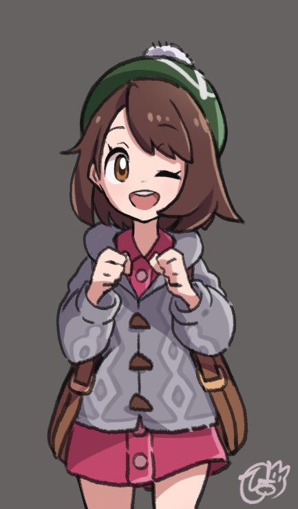 1girl ;d backpack bag bangs bob_cut brown_bag brown_eyes brown_hair buttons cable_knit cardigan clenched_hands collared_dress commentary_request dress eyebrows_visible_through_hair eyelashes gloria_(pokemon) green_headwear grey_background grey_cardigan hands_up hat hiisu_(s-1104-d) hooded_cardigan one_eye_closed open_mouth pink_dress pokemon pokemon_(game) pokemon_swsh short_hair signature simple_background smile solo tam_o'_shanter teeth tongue upper_teeth