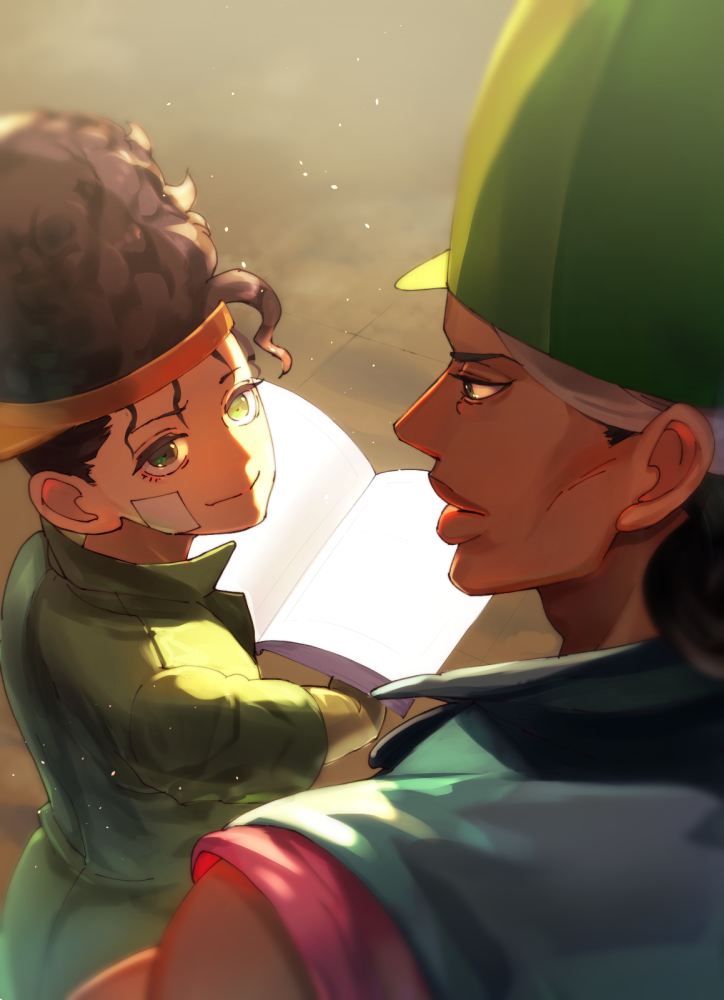 2boys at4190_(user_vzac7788) bandaid bandaid_on_face black_hair boingo book brothers closed_mouth dark-skinned_male dark_skin green_eyes green_headwear green_jacket hat holding holding_book jacket jojo_no_kimyou_na_bouken lips looking_at_another multiple_boys oingo outdoors short_sleeves siblings smile stardust_crusaders