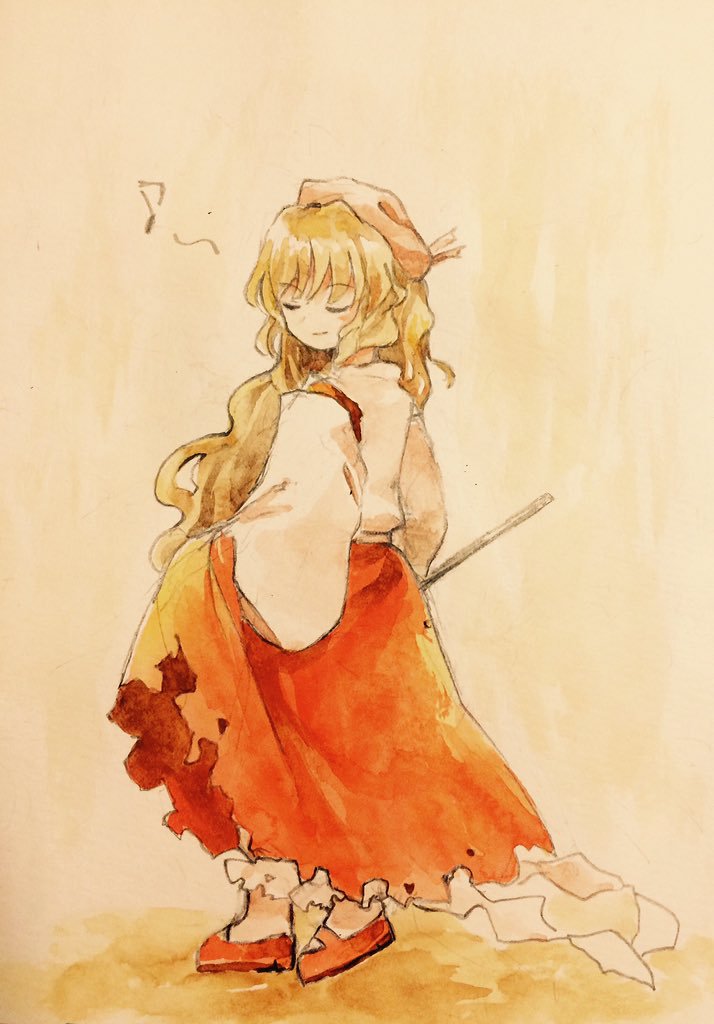 1girl blonde_hair closed_eyes detached_sleeves eyebrows_visible_through_hair gohei happy holding holding_clothes holding_skirt hourai_girl_(touhou) japanese_clothes kaigen_1025 kimono long_hair long_sleeves mary_janes musical_note portrait_of_exotic_girls red_footwear red_skirt shoes skirt smile standing touhou traditional_media wavy_hair white_headwear white_kimono white_legwear wide_sleeves