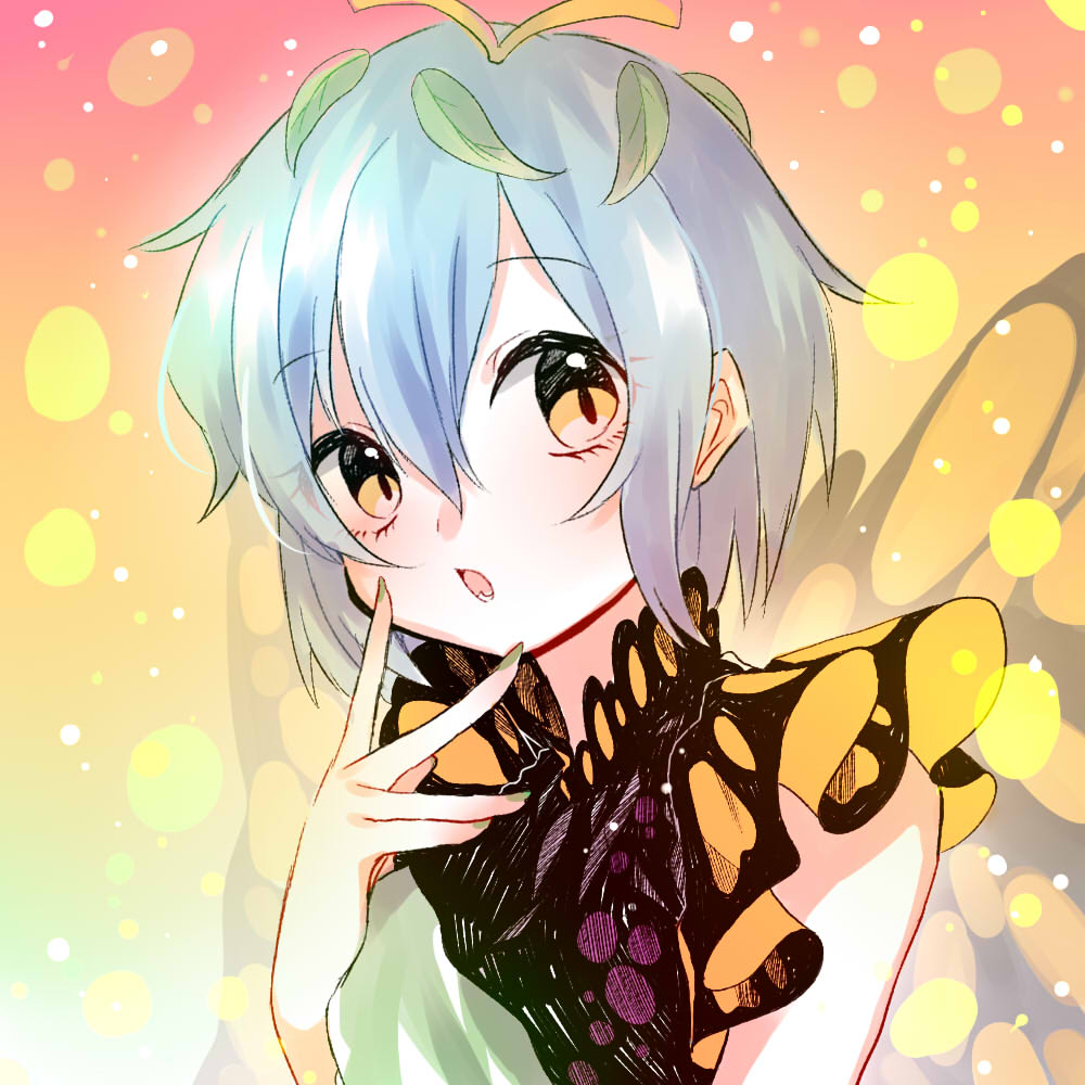 1girl antennae aqua_hair blush butterfly_wings dress eternity_larva eyebrows_visible_through_hair fairy fingernails green_dress green_nails hair_between_eyes leaf leaf_on_head multicolored_clothes multicolored_dress one-hour_drawing_challenge open_mouth orange_eyes renka_(sutegoma25) short_hair short_sleeves single_strap solo touhou upper_body wings