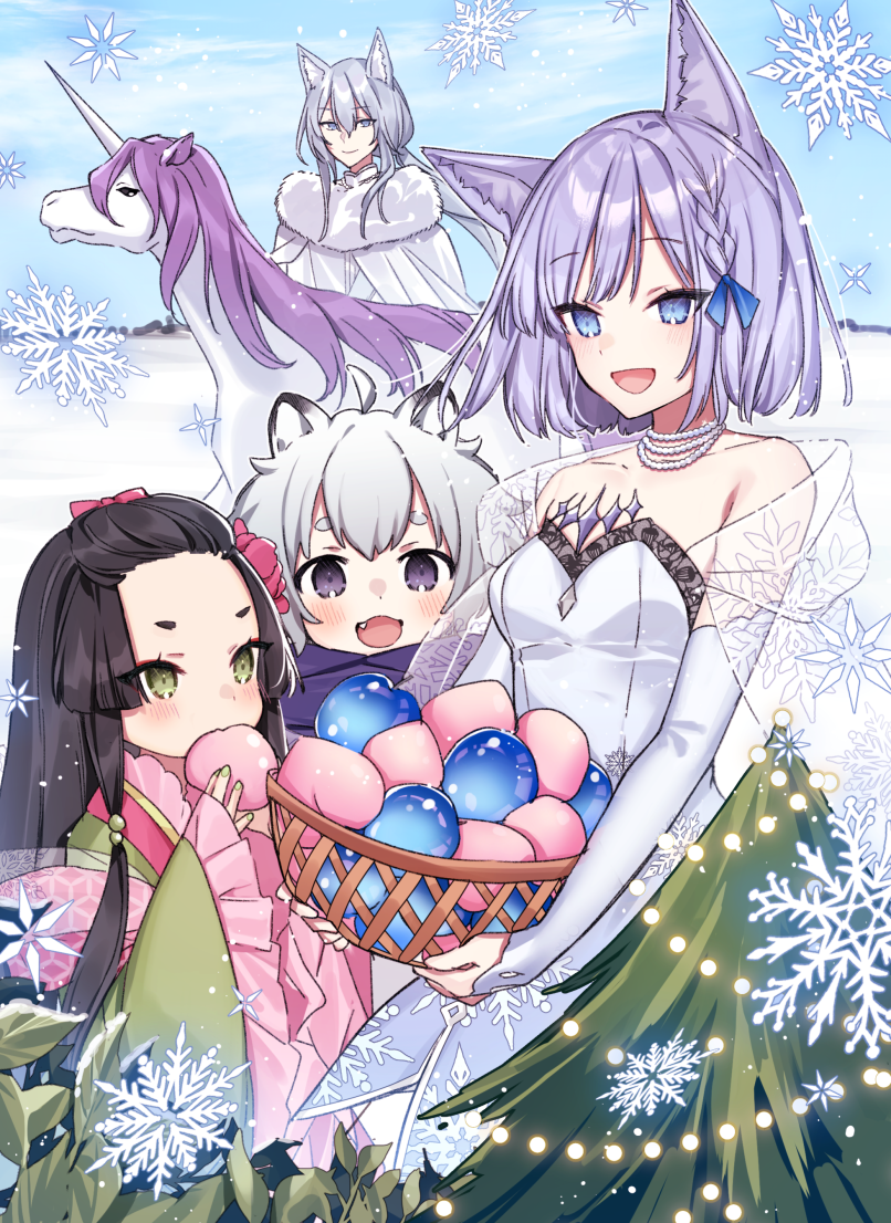 1boy 1other 2girls :d ahoge animal_ears basket black_hair blue_eyes bow christmas_tree closed_mouth clouds cloudy_sky commentary_request dress eating eyebrows_visible_through_hair fang food frilled_sleeves frills green_eyes grey_hair hair_between_eyes hair_bow hanagata japanese_clothes jewelry kimono light_blush long_hair messy_hair multiple_girls necklace open_mouth original pearl_necklace scrunchie short_hair silver_hair sky smile snowflakes snowing sweets thick_eyebrows unicorn violet_eyes white_dress wide_sleeves winter