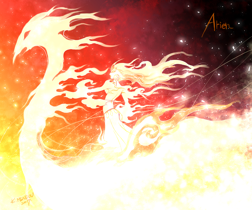 1girl arien_(silmarillion) character_name commentary dated english_commentary fiery_hair from_side kazuki-mendou monochrome profile red_theme ship signature skirt solo the_silmarillion tolkien's_legendarium watercraft