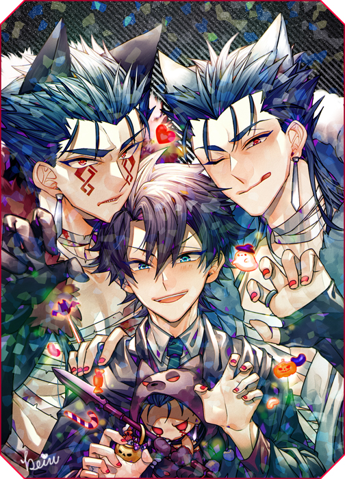 animal_ears bandaged_neck bandages bangs black_hair blue_eyes blue_hair candy cape capelet chaldea_uniform commentary cu_chulainn_(caster)_(fate) cu_chulainn_(fate) cu_chulainn_alter_(fate/grand_order) earrings facepaint facial_mark fate/grand_order fate_(series) filter fingernails food fujimaru_ritsuka_(male) fur-trimmed_hood fur_trim gloves halloween halloween_bucket heart holding hood hooded_capelet jelly_bean jewelry ji_yu long_hair long_sleeves looking_at_viewer male_focus mini_cu-chan_(fate) multiple_boys nail_polish necktie open_mouth orange_nails pectorals red_eyes ring short_hair signature smile spiky_hair tattoo teeth weapon wolf_ears