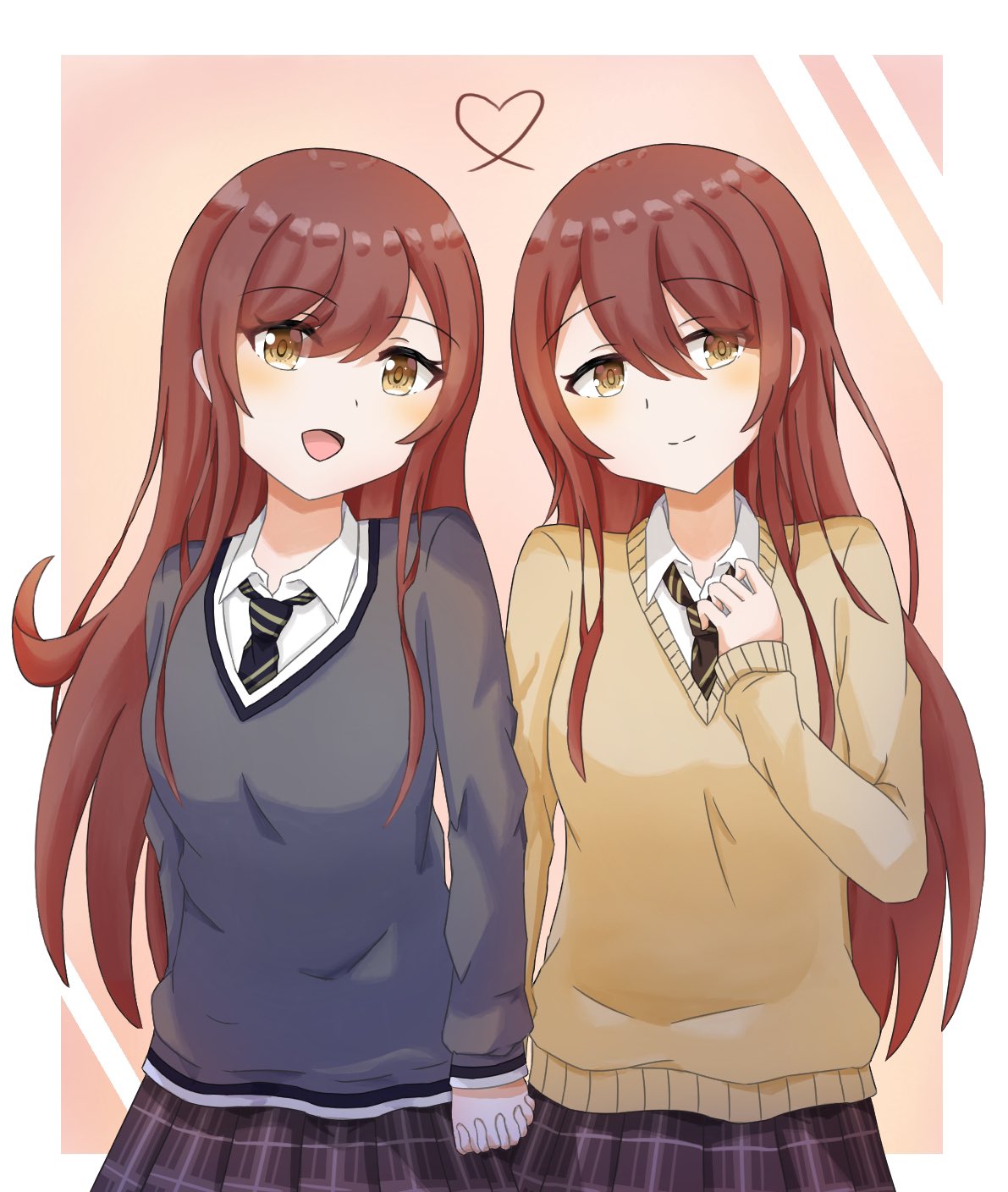 2girls absurdres beige_sweater blue_neckwear brown_eyes brown_hair collared_shirt eyebrows_visible_through_hair from_above gradient gradient_background grey_jacket hair_between_eyes hands_clasped highres idolmaster idolmaster_shiny_colors jacket long_hair looking_at_viewer multiple_girls one_eye_closed oosaki_amana oosaki_tenka open_mouth own_hands_together plaid plaid_skirt pleated_skirt school_uniform setuna_ciiixvii shirt siblings sidelocks skirt standing straight_hair striped striped_neckwear tokufumi twins white_shirt