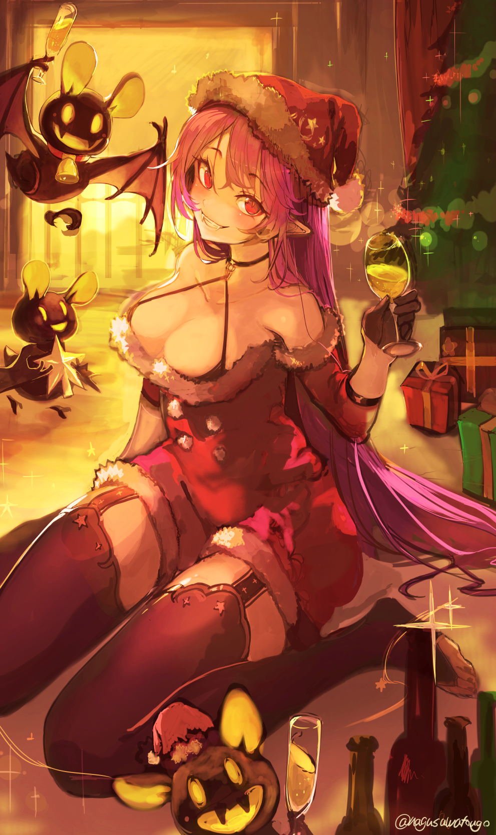 1girl bangs bat bell bottle breasts christmas christmas_dress christmas_tree cup detached_sleeves dress drinking_glass fangs fireplace fur-trimmed_dress fur-trimmed_sleeves fur_trim garter_straps hat highres holding holding_cup long_hair nagasawa_tougo neck_bell original pointy_ears red_eyes santa_hat sitting smile solo thigh-highs toenails twitter_username very_long_hair wariza wine_bottle wine_glass
