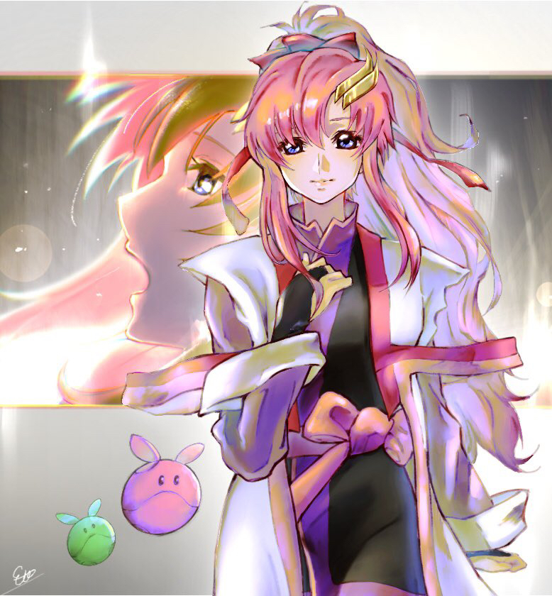 2girls bangs black_dress blonde_hair blue_eyes bridal_gauntlets closed_mouth dress eto_384 gundam gundam_seed gundam_seed_destiny hair_between_eyes hair_ornament haro lacus_clyne long_hair long_sleeves looking_at_viewer multiple_girls pink_hair short_dress signature smile very_long_hair