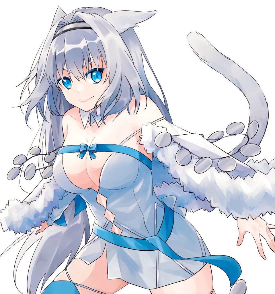 1girl absurdres animal_ears armored_boots bangs blue_bow blue_eyes blue_ribbon blush boots bow breasts brown_legwear buttons cape capelet cat_ears cat_girl cat_tail crop_top crop_top_overhang dobrynya_nikitich_(fate) dress fate/grand_order fate_(series) fur-trimmed_capelet fur-trimmed_headwear fur_trim gauntlets grey_dress hair_bow hat highres knee_boots large_breasts long_hair long_sleeves looking_at_viewer low_ponytail mace medium_breasts pantyhose ribbon shin_(pixiv16010561) short_dress smile solo tail thighs weapon white_cape white_capelet white_hair white_headwear