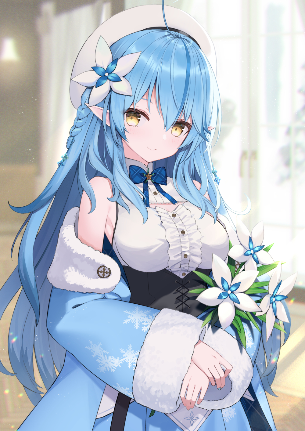 1girl ahoge bangs bell_(oppore_coppore) beret blue_bow blue_flower blue_hair blue_jacket blue_nails blue_skirt blurry blurry_background bow braid breasts brown_eyes center_frills closed_mouth commentary_request depth_of_field eyebrows_visible_through_hair flower frills fur-trimmed_jacket fur-trimmed_sleeves fur_trim hair_between_eyes hair_flower hair_ornament hat highres hololive jacket long_hair long_sleeves medium_breasts multicolored_hair nail_polish off_shoulder open_clothes open_jacket plaid plaid_bow pleated_skirt pointy_ears shirt skirt sleeveless sleeveless_shirt sleeves_past_wrists smile solo streaked_hair very_long_hair virtual_youtuber white_flower white_headwear white_shirt wide_sleeves yukihana_lamy