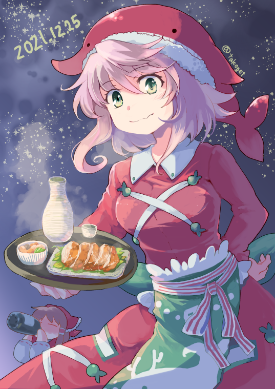 2girls apron bangs bottle bow closed_mouth cross-laced_clothes cup dated dress drinking eyebrows_visible_through_hair food green_apron green_eyes hair_bow hakurei_reimu hand_on_hip holding holding_plate long_sleeves looking_at_viewer multiple_girls night night_sky okunoda_miyoi outdoors pink_hair plate red_bow red_dress red_headwear ribbon-trimmed_sleeves ribbon_trim short_hair sky standing star_(sky) starry_sky tako_(plastic_protein) touhou twitter_username waist_apron whale_hat