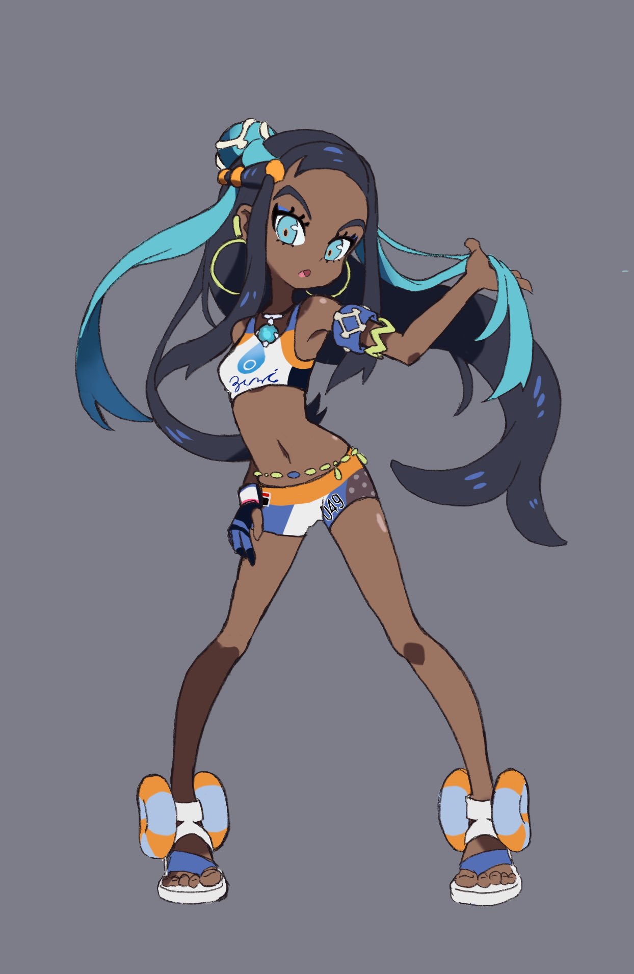 1girl :o armlet belly_chain bike_shorts black_hair blue_eyes blue_eyeshadow blue_hair commentary_request dark-skinned_female dark_skin dynamax_band earclip earrings eyeshadow full_body gloves grey_background hair_bun hand_up highres hiisu_(s-1104-d) hoop_earrings jewelry long_hair makeup multicolored_hair navel necklace nessa_(pokemon) open_mouth partially_fingerless_gloves pokemon pokemon_(game) pokemon_swsh sandals simple_background single_glove solo toes two-tone_hair white_footwear