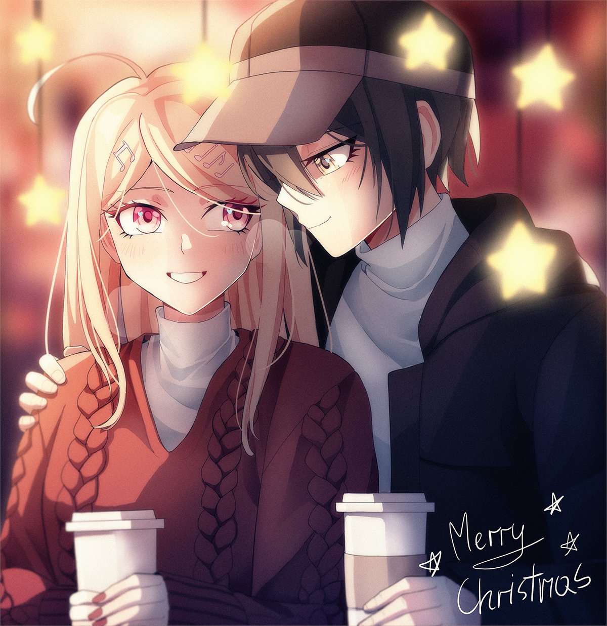 1boy 1girl ahoge akamatsu_kaede alternate_costume bangs black_jacket blurry blurry_background blurry_foreground blush brown_eyes brown_headwear cheer_(cheerkitty14) couple cup danganronpa_(series) danganronpa_v3:_killing_harmony disposable_cup grin hair_ornament hetero highres holding holding_cup jacket long_hair merry_christmas open_clothes open_jacket pink_eyes red_sweater saihara_shuuichi smile star_(symbol) sweater teeth upper_body