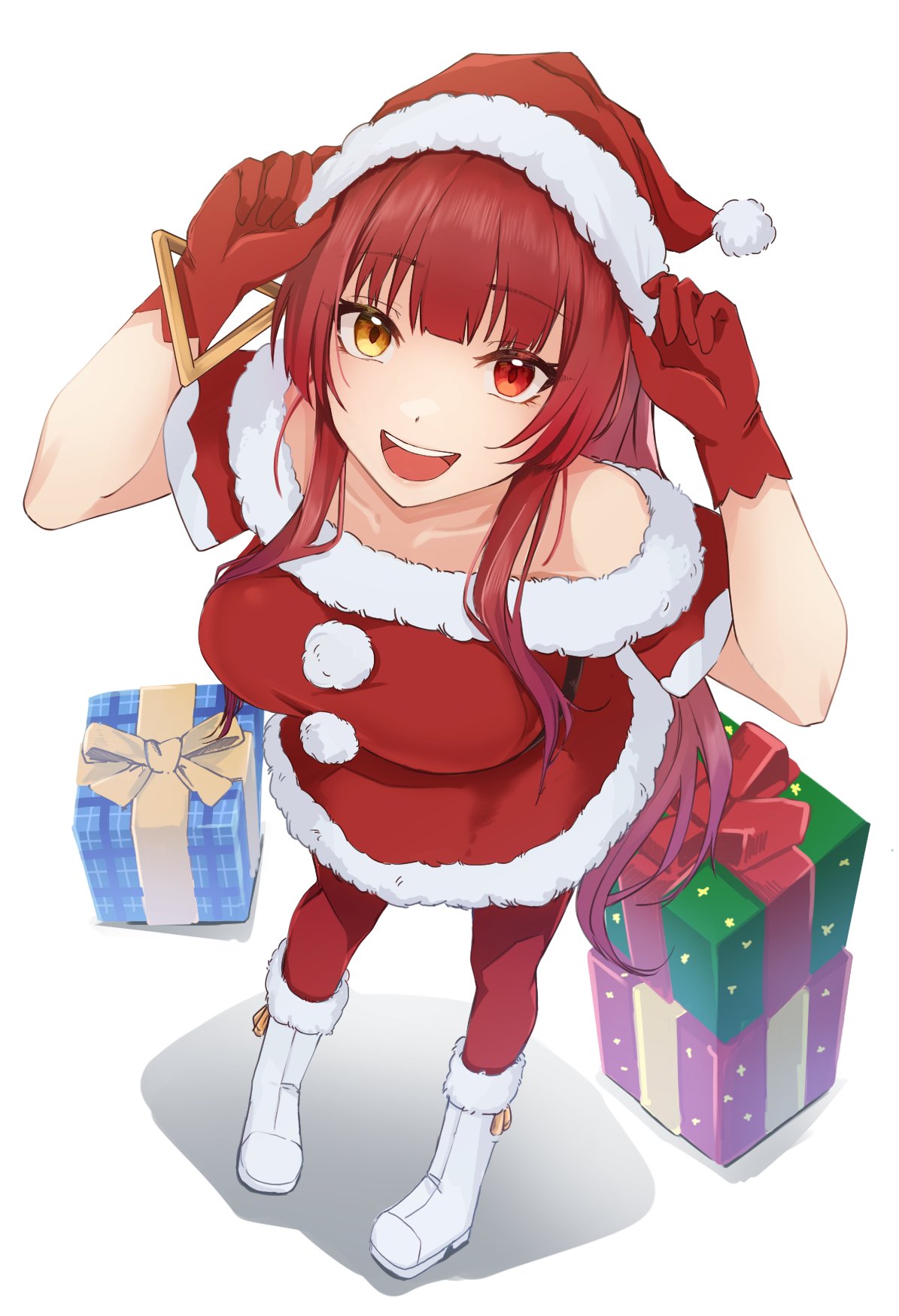 1girl boots box christmas dress eyebrows_visible_through_hair fur-trimmed_boots fur-trimmed_dress fur_trim gift gift_box gloves hat heterochromia highres hololive houshou_marine kinoshita_niko looking_at_viewer open_mouth red_gloves red_headwear red_legwear santa_boots santa_costume santa_dress santa_gloves santa_hat shadow smile solo virtual_youtuber white_background white_footwear