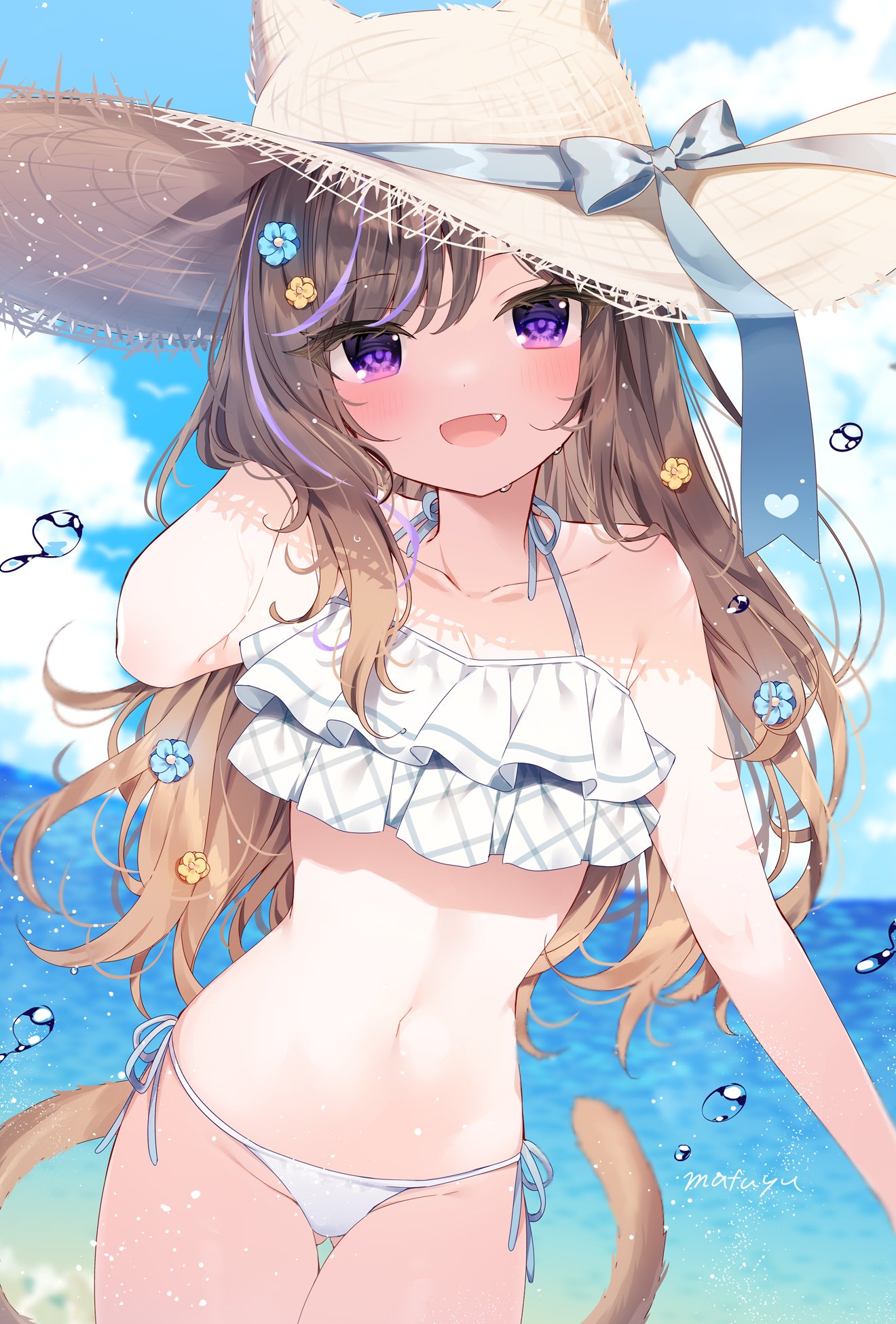 1girl :d animal_ears animal_hat bare_arms bare_shoulders bikini blue_flower blue_sky blush bow brown_hair brown_headwear cat_ears cat_hat cat_tail clouds collarbone commentary_request day fake_animal_ears fang flower food fruit grey_bow groin hair_flower hair_ornament hand_in_hair hand_up hat hat_bow highres horizon layered_bikini leo_(mafuyu) long_hair looking_at_viewer mafuyu_(chibi21) multicolored_hair navel ocean original outdoors purple_hair side-tie_bikini sky smile solo strawberry streaked_hair swimsuit tail very_long_hair violet_eyes water white_bikini yellow_flower