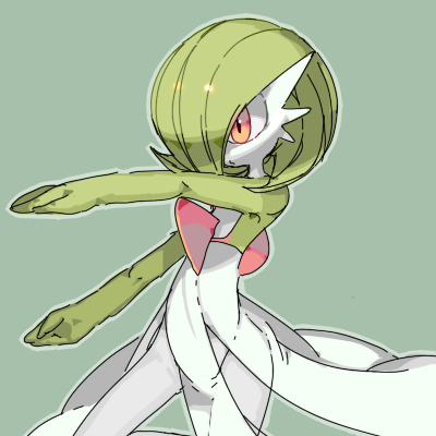 1girl arm_up bangs bob_cut closed_mouth colored_skin commentary_request cowboy_shot flat_chest gardevoir green_background green_hair green_skin hair_over_one_eye lowres multicolored_skin one_eye_covered outline outstretched_arms oyama_yoihaya pokemon pokemon_(creature) red_eyes shiny shiny_hair short_hair simple_background solo standing two-tone_skin white_skin