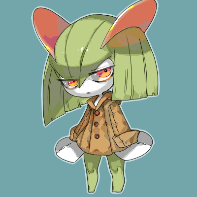 1girl :&lt; bangs blue_background brown_coat buttons clothed_pokemon coat colored_skin commentary_request eyes_visible_through_hair flat_chest full_body green_hair green_skin hair_between_eyes half-closed_eyes kirlia long_sleeves looking_at_viewer lowres medium_hair multicolored_skin outline oyama_yoihaya parted_lips partial_commentary pokemon pokemon_(creature) red_eyes sidelocks simple_background sleeves_past_wrists solo standing two-tone_skin white_skin