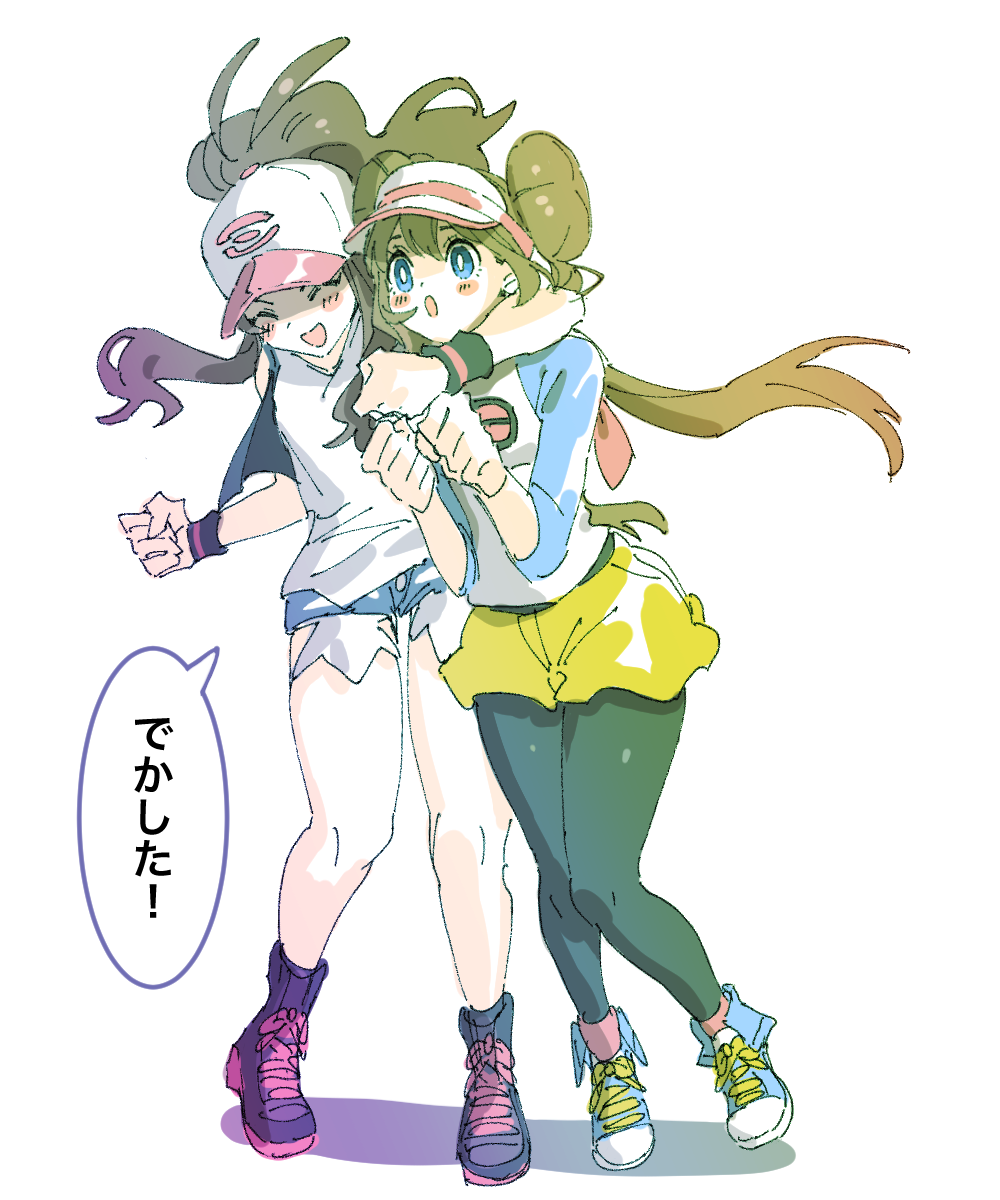 2girls arm_strap arm_under_breasts baseball_cap black_legwear black_vest blue_eyes blue_sleeves blush brown_hair commentary cutoffs denim denim_shorts double_bun dress grabbing grabbing_from_behind hair_between_eyes hat heart high_ponytail hilda_(pokemon) htokea japanese_text large_breasts long_hair looking_at_another mei_(pokemon) multiple_girls open_clothes open_mouth open_vest pantyhose pokemon pokemon_(game) pokemon_bw pokemon_bw2 raglan_sleeves rosa_(pokemon) shirt short_dress shorts simple_background symbol-only_commentary thigh_strap touko_(pokemon) twintails vest visor_cap white_shirt wristband yellow_shorts yuri