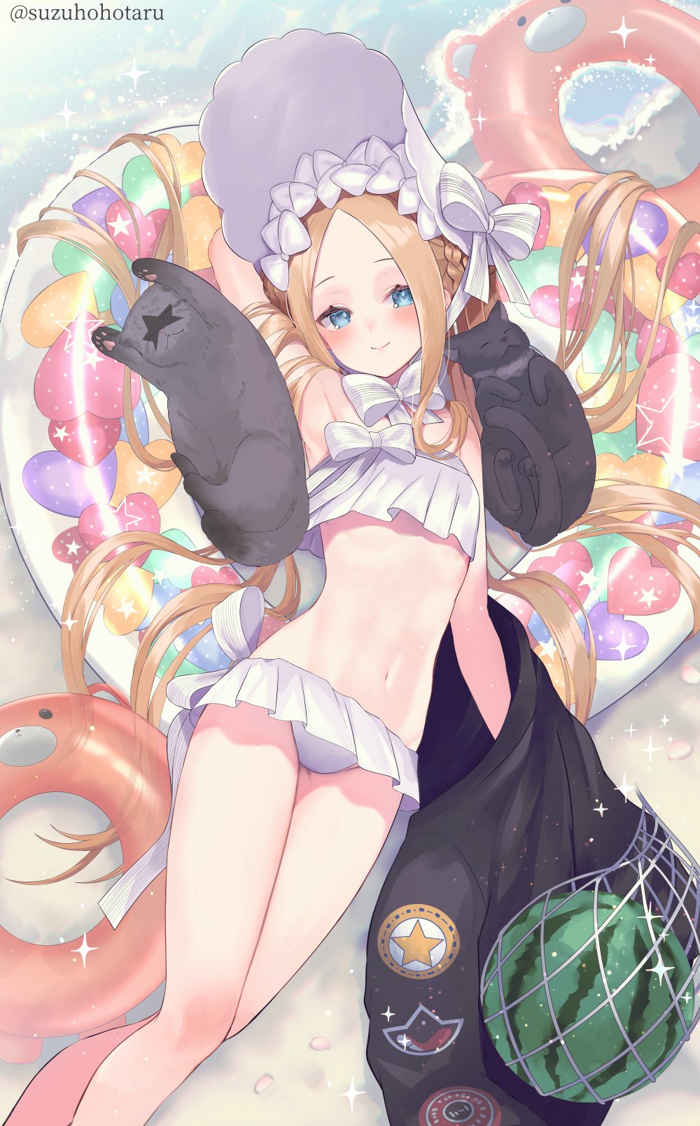 1girl abigail_williams_(fate) abigail_williams_(swimsuit_foreigner)_(fate) bangs bare_shoulders bikini black_jacket blonde_hair blue_eyes blush bonnet bow breasts cat fate/grand_order fate_(series) food forehead fruit hair_bow highres innertube jacket long_hair looking_at_viewer miniskirt navel parted_bangs sidelocks skirt small_breasts smile suzuho_hotaru swimsuit thighs twintails very_long_hair watermelon white_bikini white_bow white_headwear