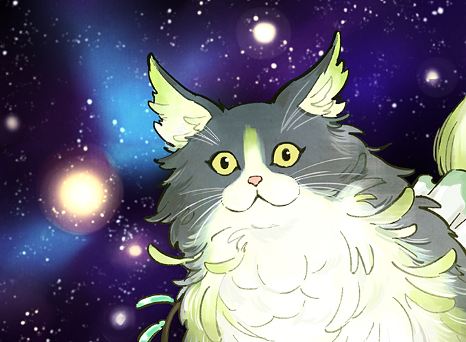 animal_focus cat commentary_request ewiyar_(cat)_(granblue_fantasy) fluffy galaxy granblue_fantasy hai_(ho_ren_sow) looking_at_viewer meme no_humans space space_cat_(meme) star_(sky) whiskers yellow_eyes