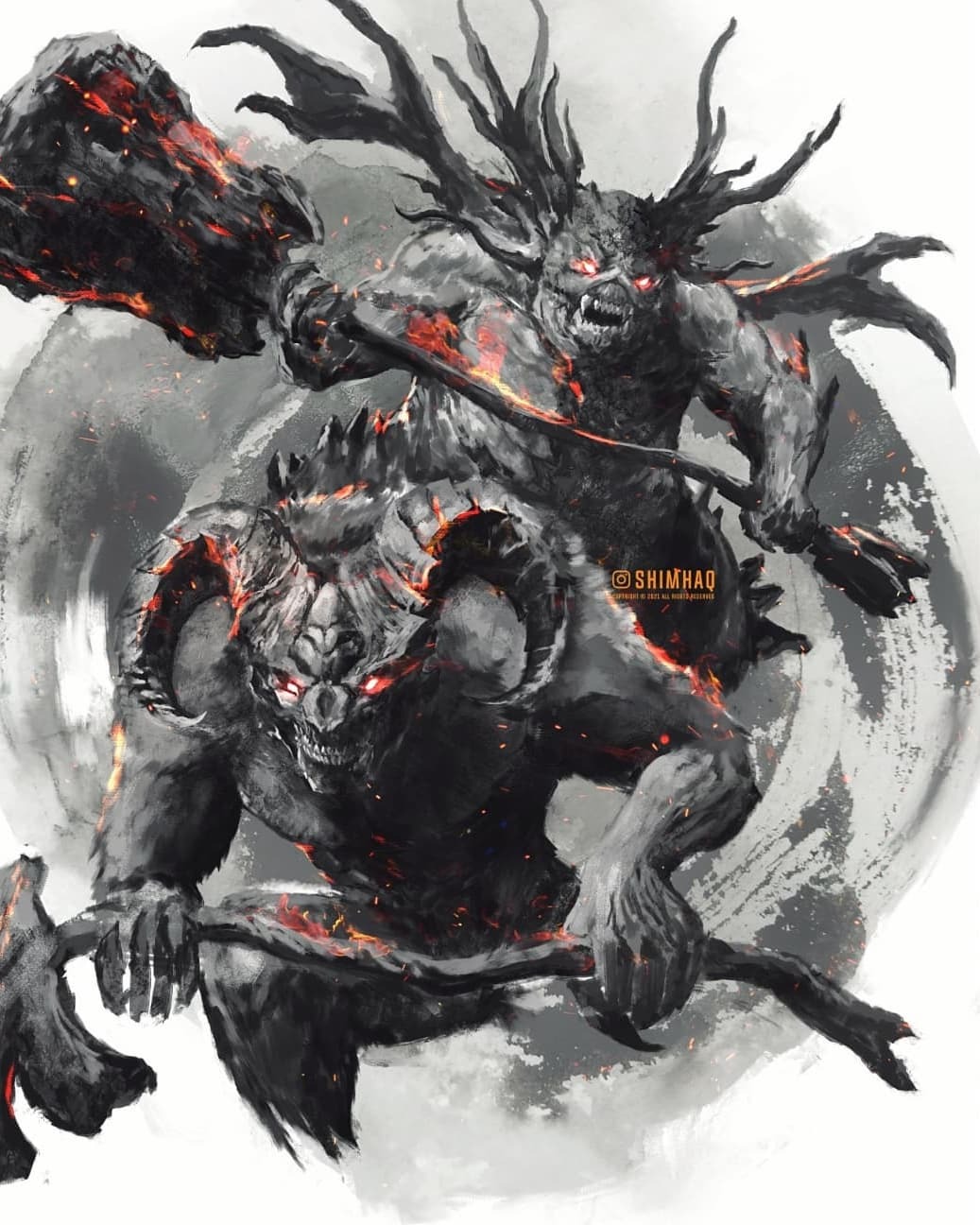 asylum_demon axe club_(weapon) curled_horns dark_souls_(series) dark_souls_i fangs highres holding holding_weapon horns looking_at_viewer monster no_humans open_mouth shimhaq signature taurus_demon weapon