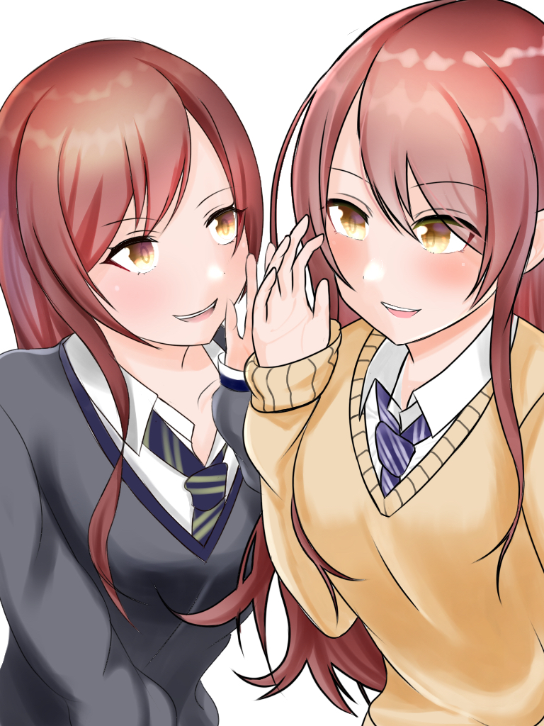 2girls absurdres ao_ringo_(pixiv59417812) beige_sweater blue_neckwear brown_eyes brown_hair collared_shirt eyebrows_visible_through_hair from_above gradient gradient_background grey_jacket hair_between_eyes hands_clasped highres idolmaster idolmaster_shiny_colors jacket long_hair looking_at_viewer multiple_girls one_eye_closed oosaki_amana oosaki_tenka open_mouth own_hands_together plaid plaid_skirt pleated_skirt school_uniform shirt siblings sidelocks skirt standing straight_hair striped striped_neckwear tokufumi twins white_shirt