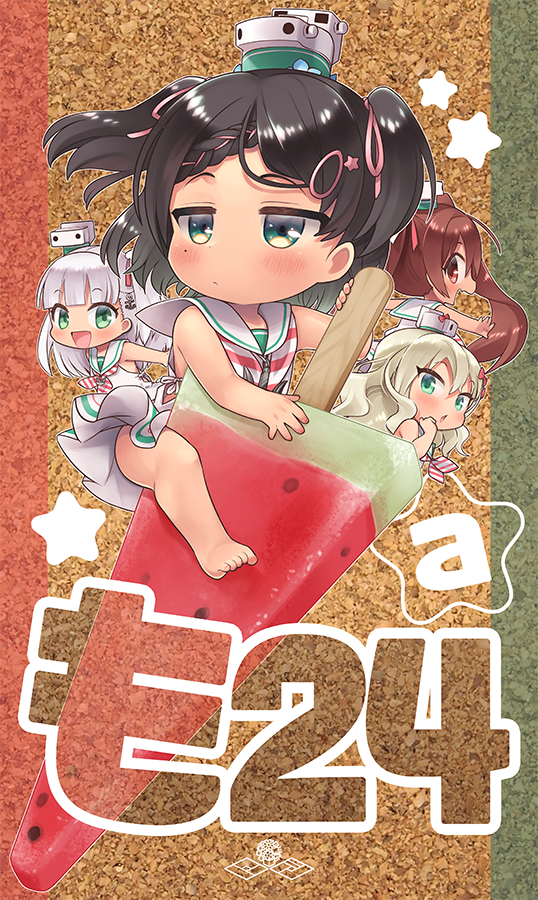 4girls anchor_hair_ornament bangs bare_arms bare_legs bare_shoulders barefoot black_hair blush braid brown_eyes brown_hair chibi dress food fruit grecale_(kancolle) green_eyes hair_ornament hair_ribbon hairclip headgear kantai_collection libeccio_(kancolle) long_hair maestrale_(kancolle) minigirl mole mole_under_eye multiple_girls neckerchief nigo one_side_up open_mouth oversized_object popsicle ribbon sailor_collar sailor_dress scirocco_(kancolle) short_hair side_ponytail silver_hair size_difference sleeveless sleeveless_dress tan twintails two_side_up watermelon_bar white_dress white_sailor_collar