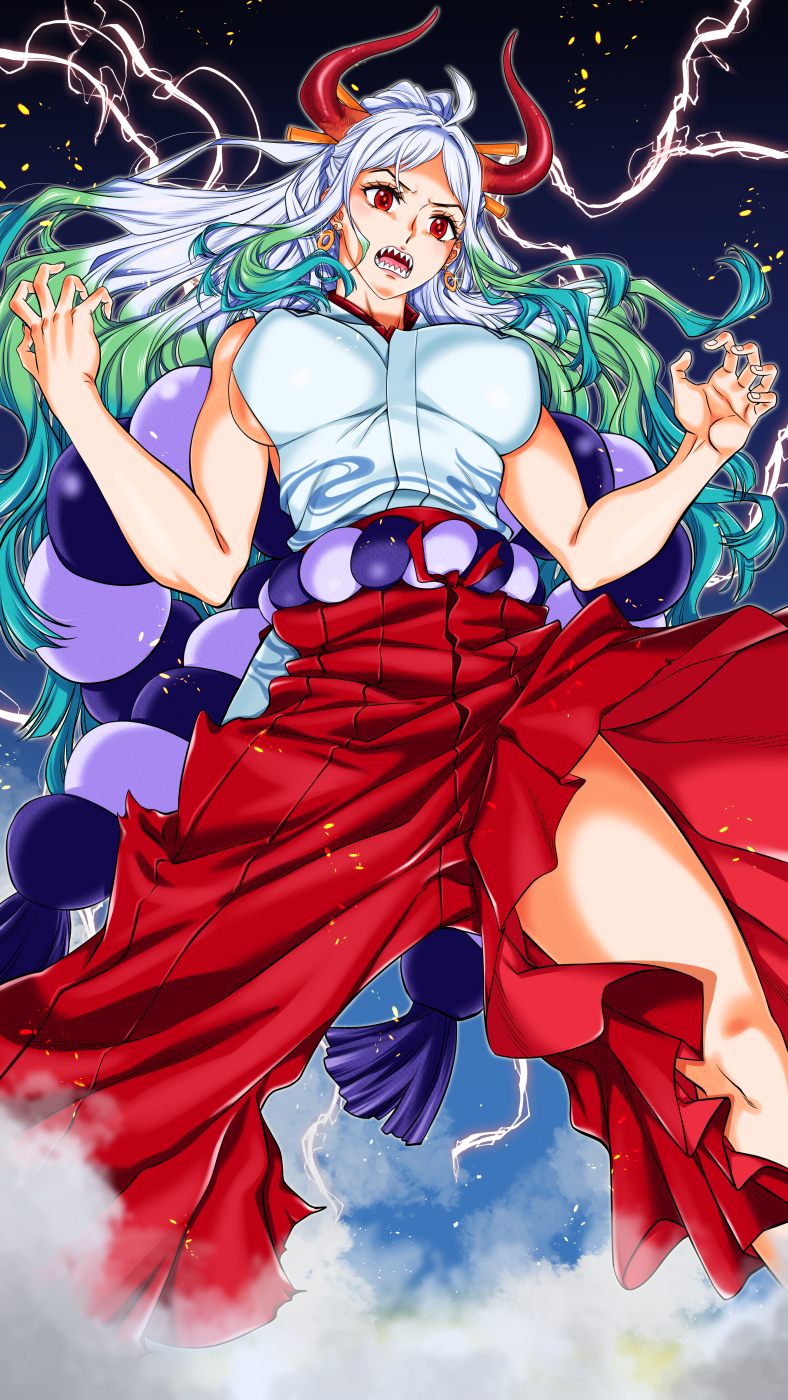 1girl ahoge aqua_hair bare_arms bare_shoulders breasts covered_nipples curled_horns earrings electricity embers feet_out_of_frame fingernails floating_hair green_hair hair_ornament hair_stick hakama hakama_pants hands_up hanzaki_jirou highres hip_vent horns japanese_clothes jewelry kimono large_breasts legs_apart long_hair looking_at_viewer multicolored_hair multicolored_horns one_piece oni open_mouth orange_horns pants red_eyes red_horns rope sharp_teeth shimenawa sideboob sidelocks sleeveless sleeveless_kimono solo standing steam teeth v-shaped_eyebrows very_long_hair white_hair wind yamato_(one_piece)