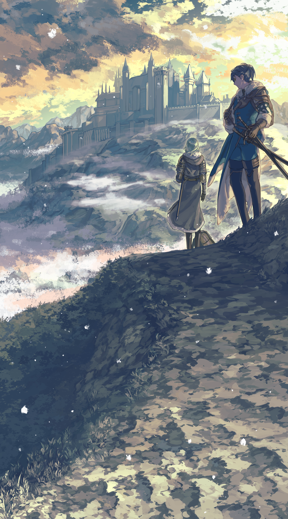 1boy 1girl arm_at_side armor backpack backpack_removed bag belt black_gloves black_pants black_robe blue_cape blue_pants buckle building buttons byleth_(fire_emblem) byleth_eisner_(female) cape castle clouds cloudy_sky commentary_request dark_blue_hair day double-breasted elbow_gloves elbow_pads felix_hugo_fraldarius fire_emblem fire_emblem:_three_houses fog full_body fur-trimmed_cape fur-trimmed_robe fur_trim gloves grass green_hair harusame_(rueken) highres holding holding_sword holding_weapon hood hooded_robe layered_sleeves leather leather_armor leather_gloves long_sleeves looking_afar looking_ahead looking_at_another looking_to_the_side medium_hair morning mountain outdoors pants pauldrons ponytail robe scabbard scenery sheath sheathed short_hair short_over_long_sleeves short_sleeves shoulder_armor shoulder_belt sky snowing standing sword tied_hair vambraces weapon wide_shot