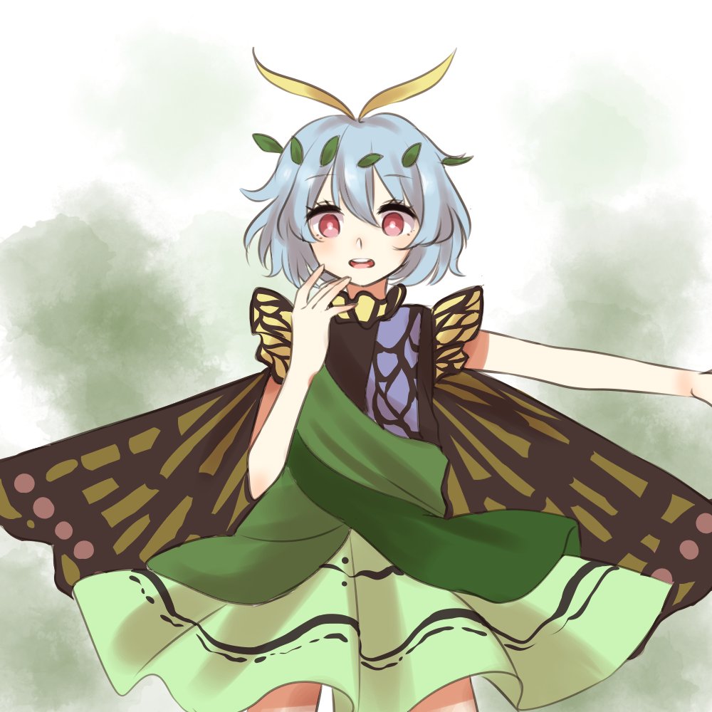 1girl antennae aqua_hair bad_id bad_pixiv_id brown_eyes butterfly_wings cowboy_shot dress eternity_larva eyebrows_visible_through_hair fairy green_dress hair_between_eyes leaf leaf_on_head mochigome_(28706532) multicolored_clothes multicolored_dress open_mouth short_hair single_strap solo third-party_source touhou wings