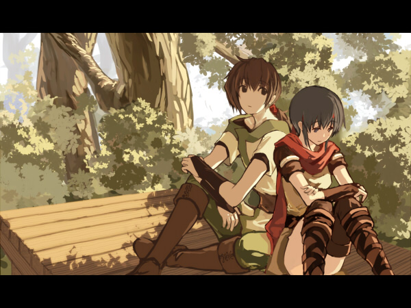 1boy 1girl ankle_lace-up bad_id bad_pixiv_id bealphareth black_eyes black_shirt boots breasts bridal_gauntlets brown_footwear brown_hair closed_mouth cross-laced_footwear dappled_sunlight dark_blue_hair day eyebrows_visible_through_hair feet_out_of_frame hair_between_eyes hair_tubes hands_on_own_knees harusame_(rueken) head_down headband knee_boots leaf letterboxed looking_up low_ponytail medium_hair outdoors philia_(bealphareth) ponytail puska red_headband red_scarf scarf shade shirt short_sleeves sidelocks sitting small_breasts sunlight tied_hair tree tree_shade treehouse wooden_floor