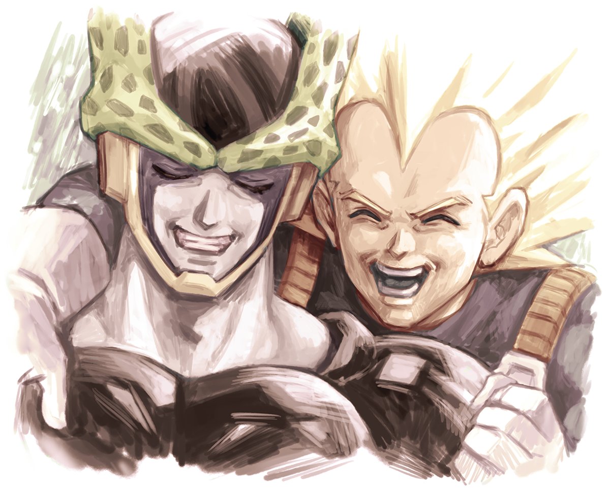 :d arm_around_shoulder blonde_hair cell_(dragon_ball) closed_eyes dragon_ball dragon_ball_z facing_viewer gloves grin laughing open_mouth perfect_cell saiyan_armor sakkan smile vegeta white_gloves