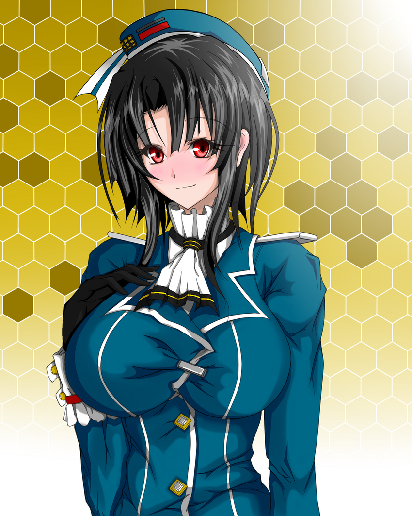 1girl arm_under_breasts bangs beret black_gloves black_hair blue_headwear breasts closed_mouth gloves grey_background hat high_collar highres kan_(pixiv1522274) kantai_collection large_breasts military military_uniform red_eyes short_hair takao_(kantai_collection) uniform white_neckwear