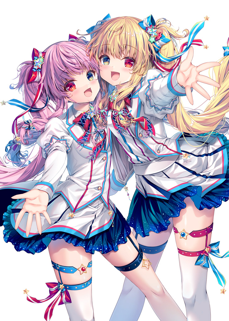 2girls :d blonde_hair blue_bow bow comiket_99 commentary_request green_eyes hair_bow hair_ornament heterochromia jacket layered_sleeves long_sleeves mizuki_yuuma multiple_girls original outstretched_arm pink_hair puffy_short_sleeves puffy_sleeves red_bow red_eyes shirt short_over_long_sleeves short_sleeves simple_background single_thighhigh skirt smile star_(symbol) star_hair_ornament striped striped_bow thigh-highs twintails white_background white_jacket white_legwear white_shirt white_skirt