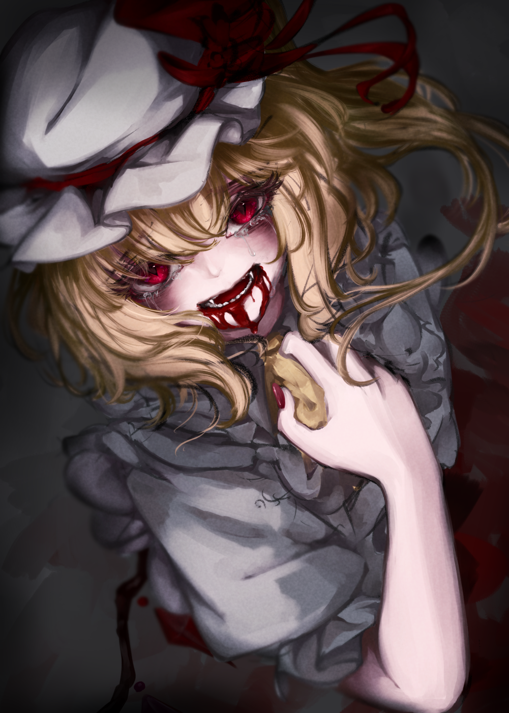 1girl bangs blonde_hair blood blood_from_mouth blush crying crying_with_eyes_open dark eyelashes flandre_scarlet from_above guro hand_up hat highres looking_at_viewer medium_hair mizuhichi mob_cap open_mouth red_eyes smile solo tears teeth touhou wings