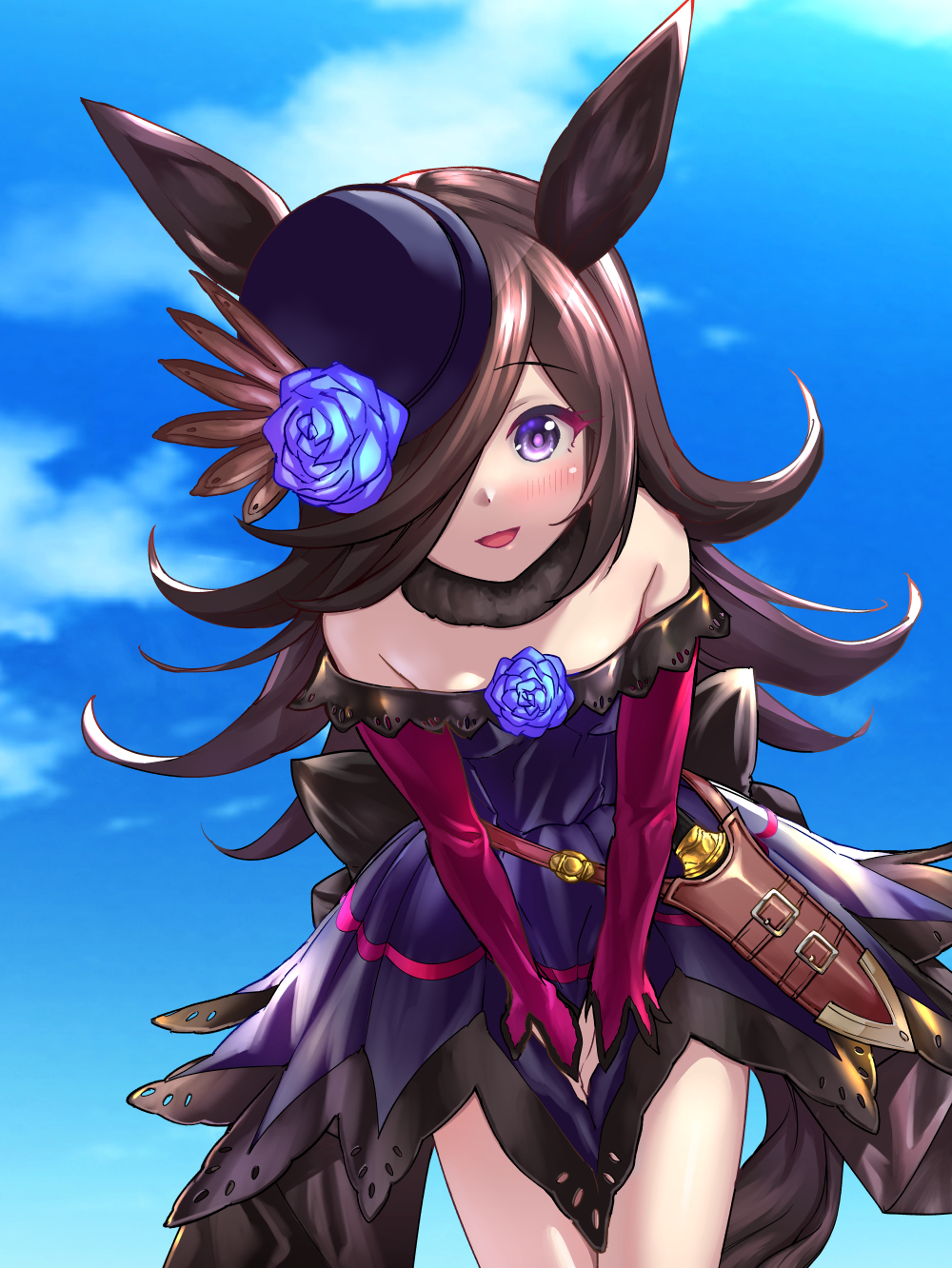 1girl akitakamika animal_ears black_hair blue_flower blue_headwear blue_rose blue_sky clouds cloudy_sky commentary_request cowboy_shot dagger day dress flower fur_collar hair_over_one_eye hat hat_flower highres horse_ears horse_girl horse_tail knife leaning_forward long_hair looking_at_viewer off-shoulder_dress off_shoulder open_mouth outdoors partial_commentary purple_dress rice_shower_(umamusume) rose sheath sheathed short_dress sky smile solo standing tail tilted_headwear umamusume v_arms violet_eyes weapon