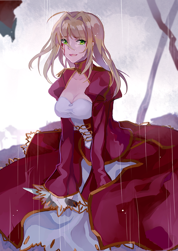1girl aestus_estus ahoge blonde_hair braid breasts cleavage commentary_request couler_yi dress epaulettes fate/extra fate_(series) french_braid green_eyes hair_intakes hair_ribbon juliet_sleeves large_breasts long_sleeves nero_claudius_(fate) nero_claudius_(fate)_(all) open_mouth puffy_sleeves red_dress red_ribbon ribbon saber_extra see-through solo wide_sleeves