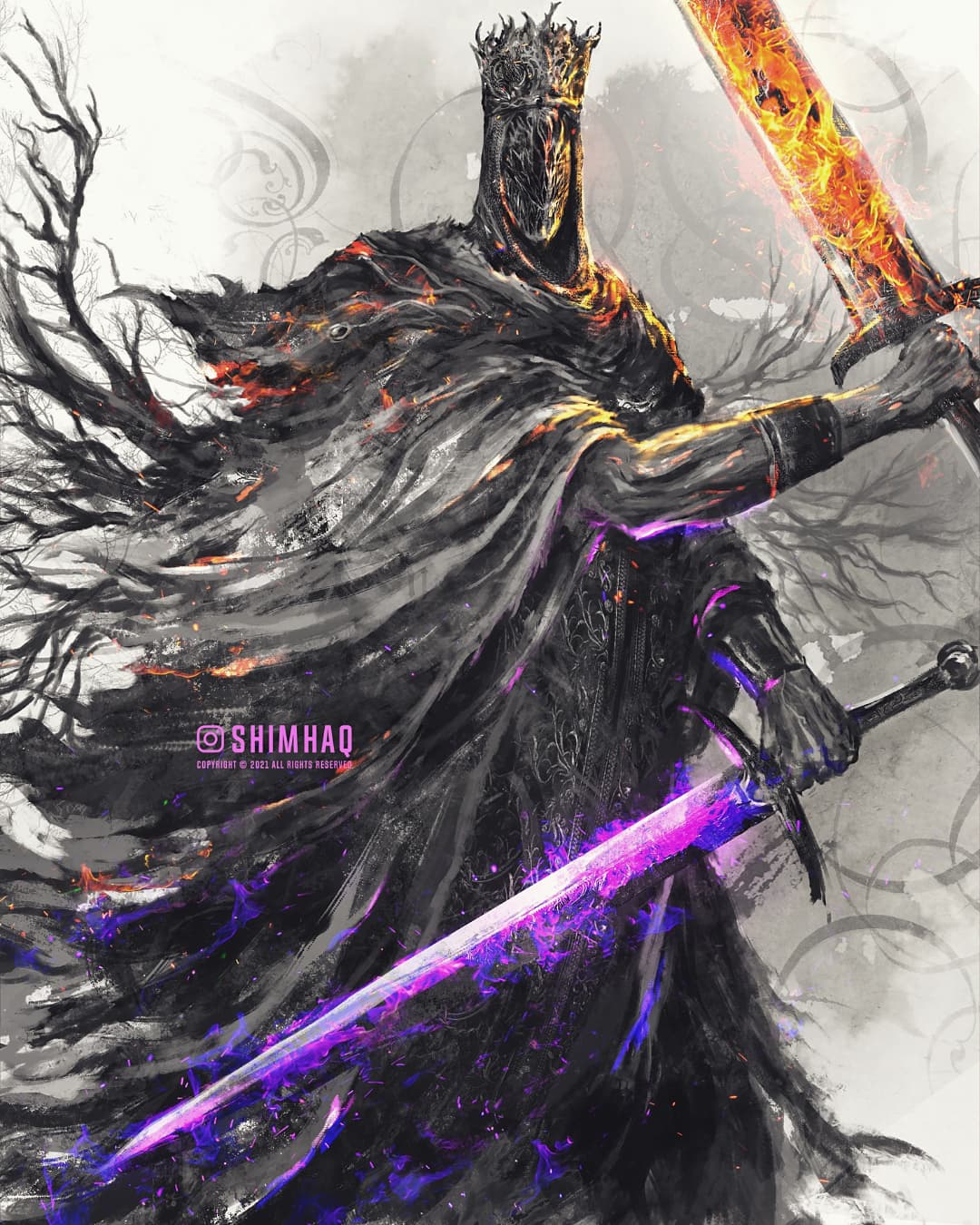 1boy bracelet cape covered_face crown dark_souls_(series) dark_souls_iii dual_wielding facing_viewer flaming_sword flaming_weapon highres holding holding_sword holding_weapon jewelry male_focus pontiff_sulyvahn shimhaq solo sword weapon