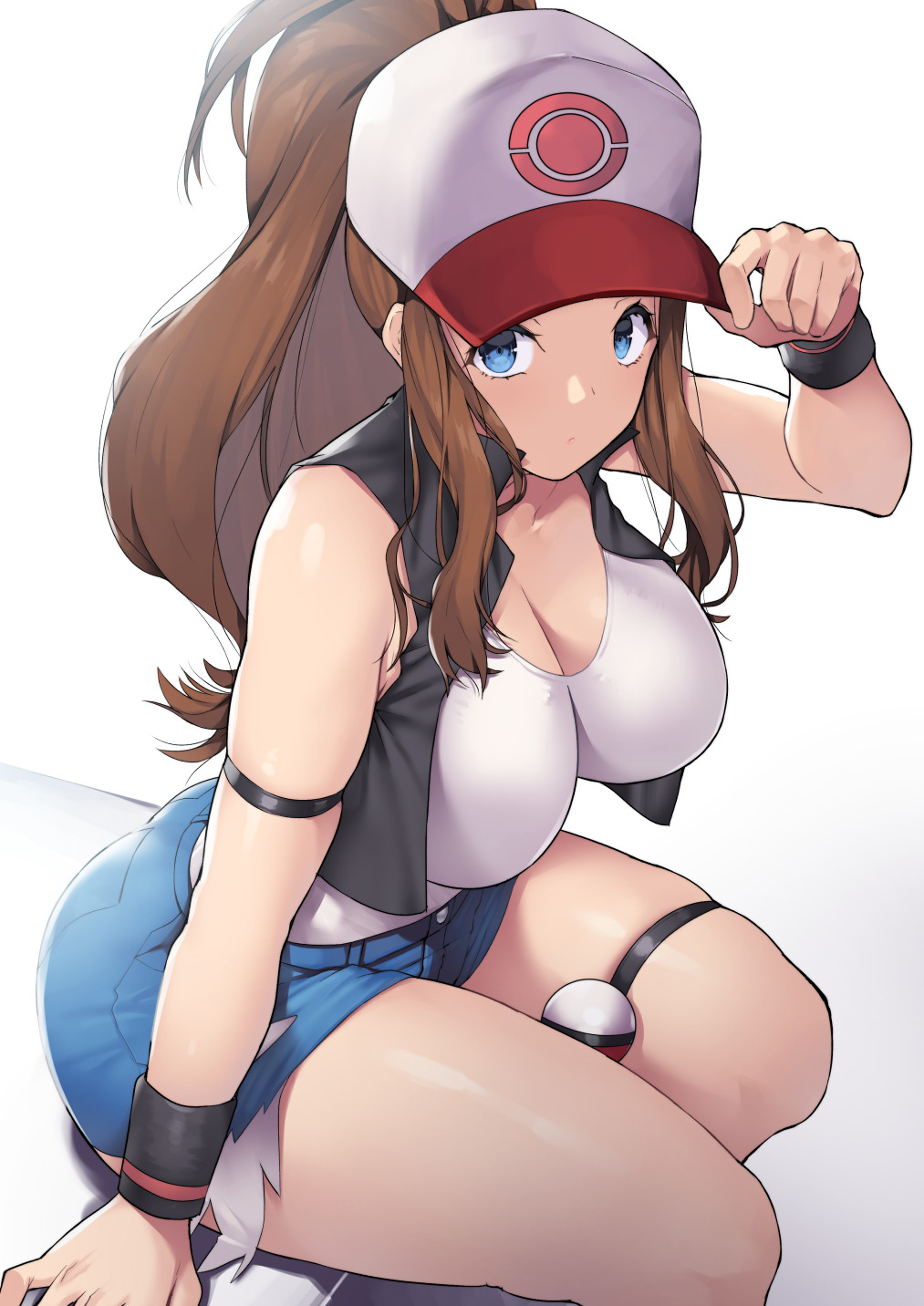 1girl baseball_cap black_vest blue_eyes blue_shorts breasts brown_hair cutoffs denim denim_shorts exposed_pocket hat high_ponytail highres large_breasts leaning_forward long_hair looking_at_viewer micro_shorts nagase_haruhito pokemon pokemon_(game) pokemon_bw rosa_(pokemon) shirt shorts sidelocks simple_background sleeveless sleeveless_shirt solo sweat tank_top touko_(pokemon) very_long_hair vest white_background white_shirt wristband