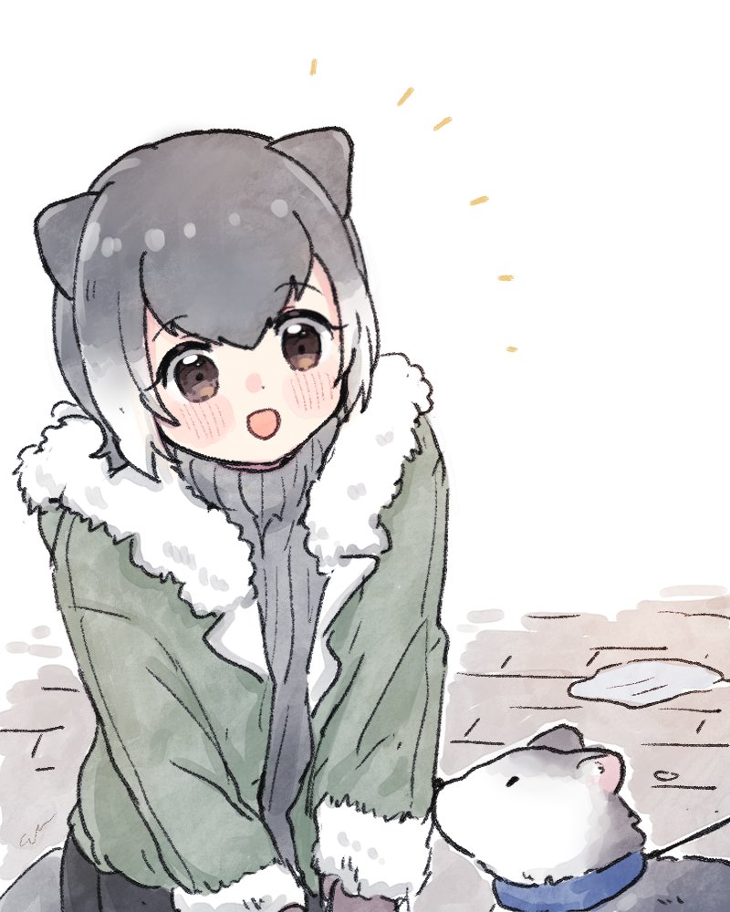 1girl alternate_costume animal_ears blush brown_eyes casual coat commentary_request dog eyebrows_visible_through_hair fur_collar fur_trim green_coat grey_hair grey_sweater kemono_friends multicolored_hair open_mouth otter_ears otter_girl san_sami short_hair small-clawed_otter_(kemono_friends) solo sweater turtleneck turtleneck_sweater two-tone_hair white_fur white_hair winter_clothes