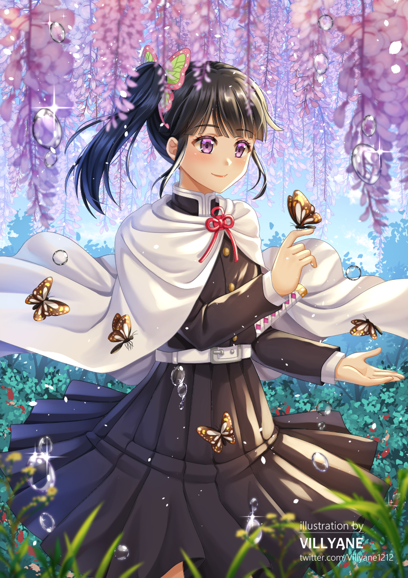 1girl animal artist_name bangs belt belt_buckle black_hair black_jacket black_skirt blurry blurry_foreground buckle bug butterfly butterfly_hair_ornament butterfly_on_hand cloak closed_mouth commentary_request depth_of_field eyebrows_visible_through_hair flower hair_ornament hand_up jacket kimetsu_no_yaiba looking_at_animal looking_away pleated_skirt purple_flower side_ponytail skirt smile solo tsuyuri_kanao villyane violet_eyes water_drop watermark web_address white_belt white_cloak wisteria