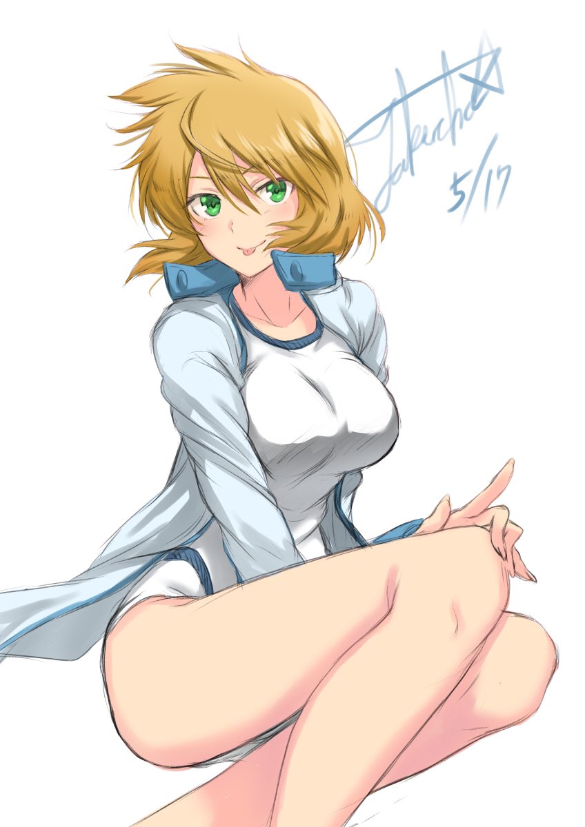 1girl blonde_hair blush breasts crossed_legs green_eyes highres large_breasts legs looking_at_viewer misty_(pokemon) nipples pokemon pokemon_(game) pokemon_hgss smile solo swimsuit takecha tongue tongue_out