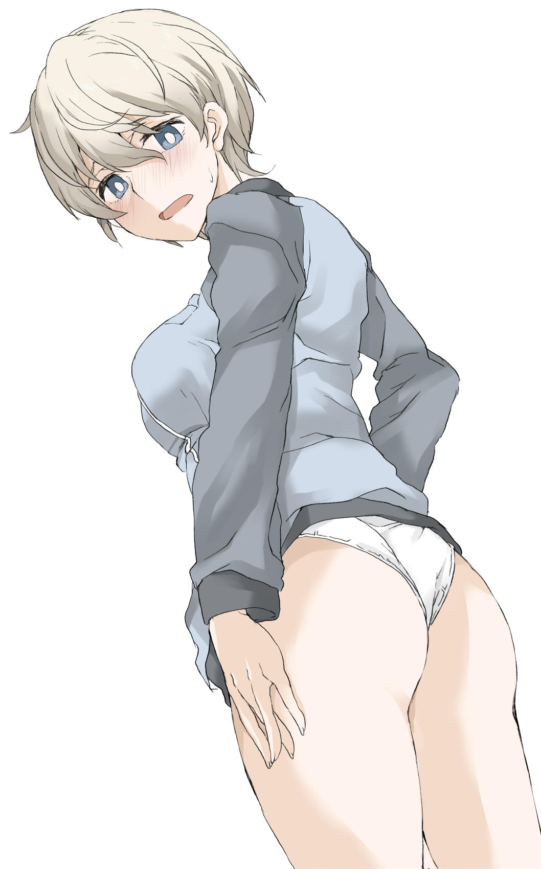 1girl ass bangs blue_eyes blue_jacket blue_skirt blush bright_pupils clothes_lift commentary cowboy_shot dutch_angle elf_(stroll_in_the_woods) embarrassed from_behind girls_und_panzer hand_on_hip highres jacket keizoku_military_uniform lifted_by_self long_sleeves looking_at_viewer looking_back military military_uniform miniskirt panties pleated_skirt raglan_sleeves short_hair silver_hair simple_background skirt skirt_lift solo standing sweatdrop textless track_jacket underwear uniform white_background white_panties white_pupils youko_(girls_und_panzer)