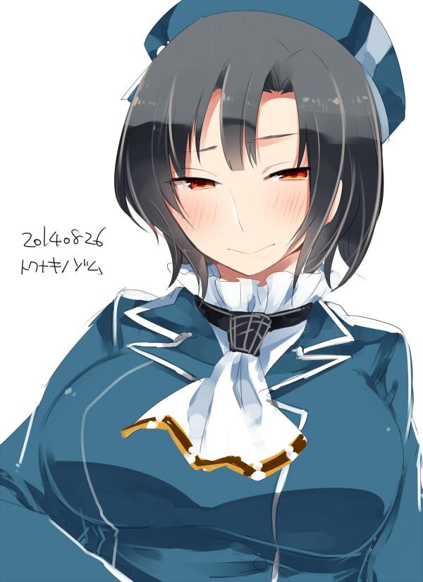 1girl arm_under_breasts bangs beret black_gloves black_hair blue_headwear breasts closed_mouth gloves grey_background hat high_collar highres kantai_collection large_breasts military military_uniform red_eyes short_hair takao_(kantai_collection) tokunakinozomu uniform white_neckwear