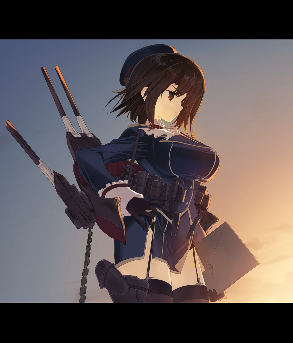 1girl arm_under_breasts bangs beret black_gloves black_hair blue_headwear breasts closed_mouth gloves grey_background hat high_collar highres kantai_collection large_breasts military military_uniform nakamura_takesh red_eyes short_hair takao_(kantai_collection) uniform white_neckwear