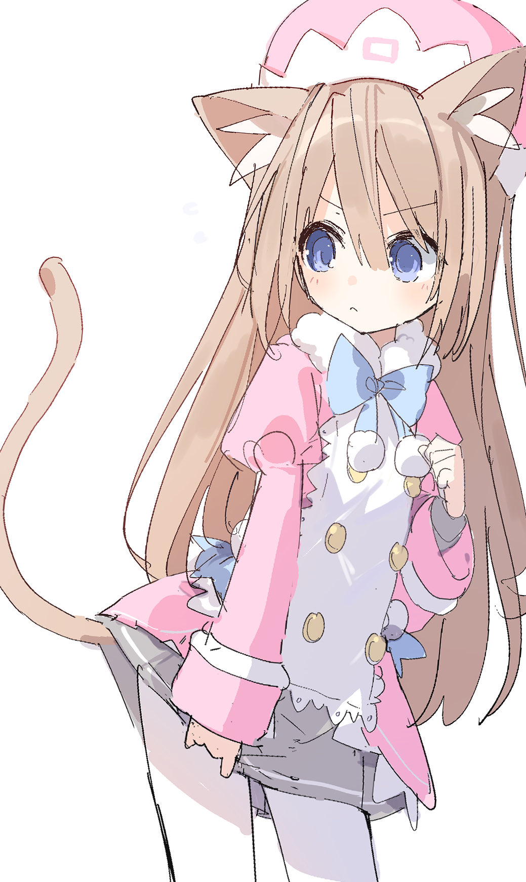 1girl animal_ears blue_bow blue_bowtie blue_eyes blush bow bowtie brown_hair buran_buta buttons cat_ears cat_tail coat double-breasted fur-trimmed_coat fur_trim hair_between_eyes hat highres long_hair looking_at_viewer neptune_(series) pink_coat pink_headwear pom_pom_(clothes) ram_(neptune_series) simple_background sketch smile solo tail very_long_hair white_background