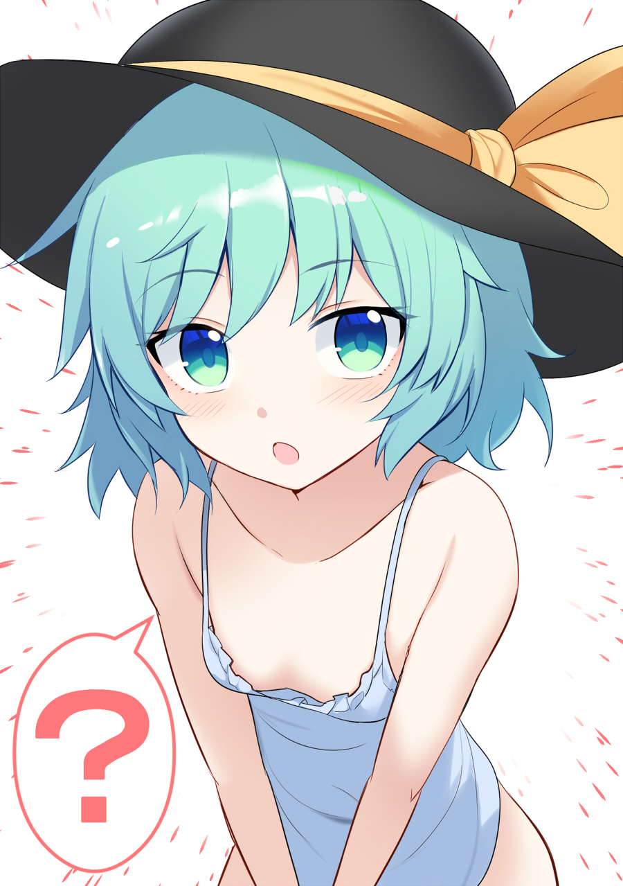 1girl ? aqua_hair black_headwear blush camisole collarbone e.o. eyebrows_visible_through_hair green_eyes hair_between_eyes hat hat_ribbon highres komeiji_koishi looking_at_viewer open_mouth ribbon short_hair solo spaghetti_strap spoken_question_mark touhou upper_body white_background yellow_ribbon