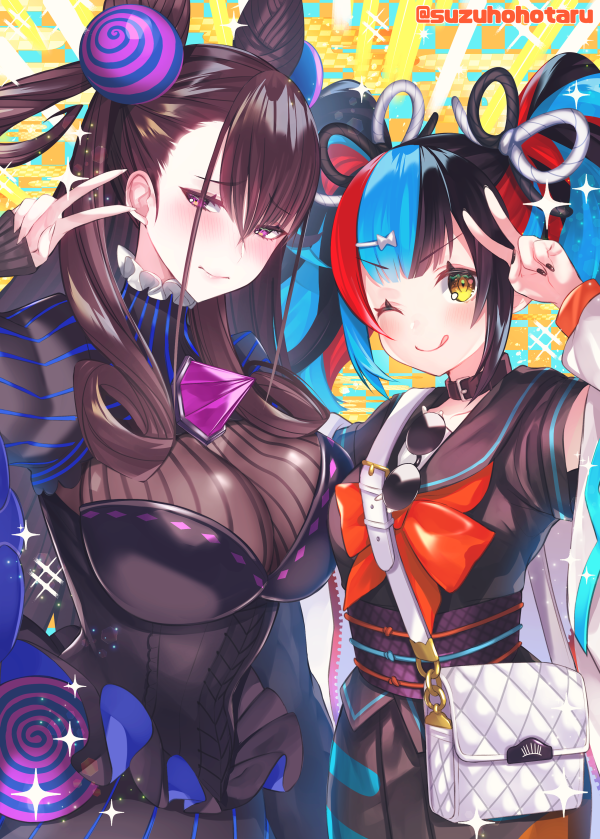 2girls amethyst_(gemstone) bag bangs black_dress black_hair black_sailor_collar black_shirt black_skirt blue_hair blush breasts choker dress egasumi eyewear_hang eyewear_removed fate/grand_order fate_(series) hair_cones hair_ornament jacket juliet_sleeves large_breasts long_hair long_sleeves looking_at_viewer multicolored_hair multiple_girls murasaki_shikibu_(fate) obi off_shoulder one_eye_closed open_clothes open_jacket puff_and_slash_sleeves puffy_sleeves purple_hair redhead sailor_collar sash sei_shounagon_(fate) shirt short_sleeves shoulder_bag skirt smile sparkle suzuho_hotaru thighs tongue tongue_out twintails two_side_up v very_long_hair violet_eyes white_jacket wide_sleeves yellow_eyes