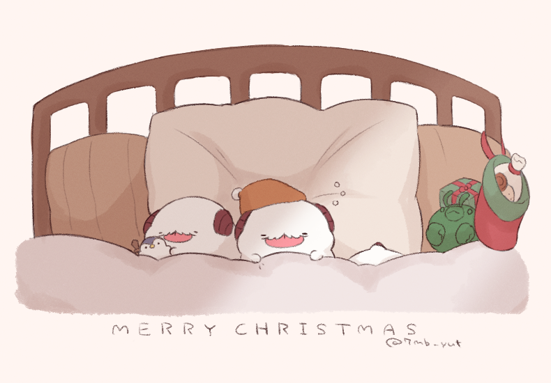 7mb_yut :p animal_focus artist_name bed bed_frame blanket closed_eyes gift holding holding_sword holding_toy holding_weapon horns league_of_legends merry_christmas mixed-language_commentary no_humans pillow poro_snacks simple_background sleeping stuffed_animal stuffed_penguin stuffed_toy sword tongue tongue_out toy weapon white_background