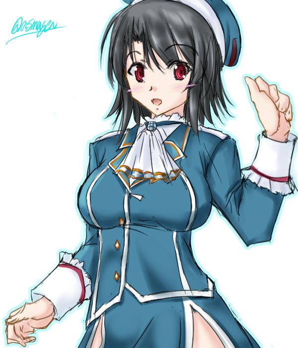1girl arm_under_breasts asmugen bangs beret black_gloves black_hair blue_headwear breasts closed_mouth gloves grey_background hat high_collar highres kantai_collection large_breasts military military_uniform red_eyes short_hair takao_(kantai_collection) uniform white_neckwear